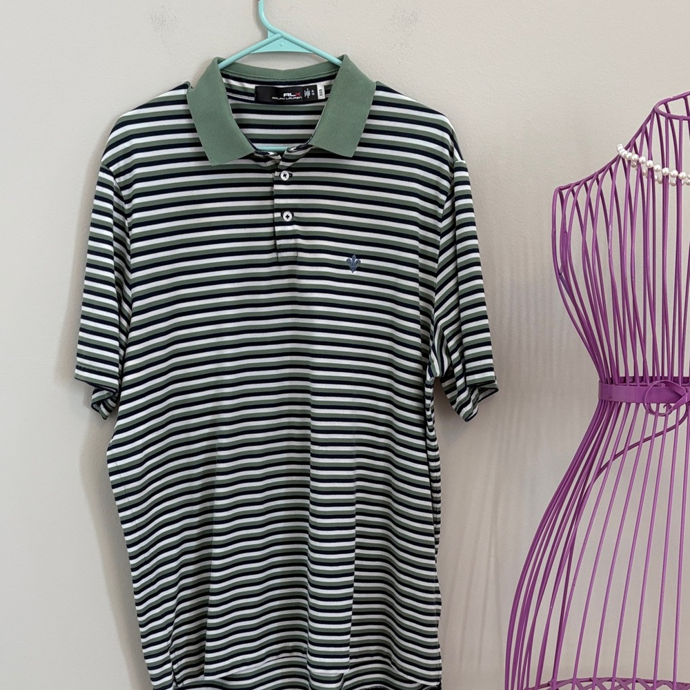 RLX Ralph Lauren Blue, Sage and Ivory Striped Polo